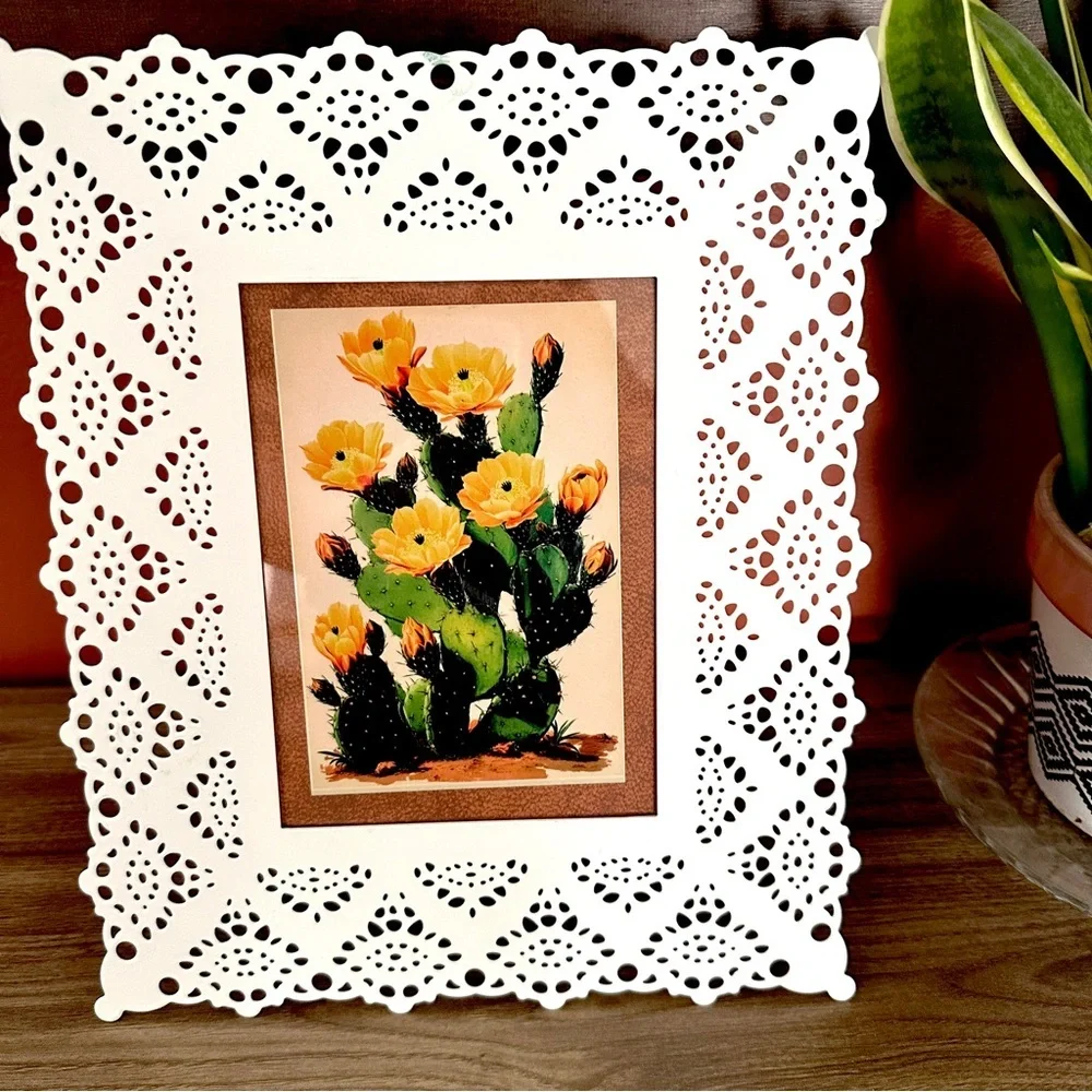 Prickly Pear Cactus Blooming Succulent Plant Delicate Lace Metal Framed Postcard